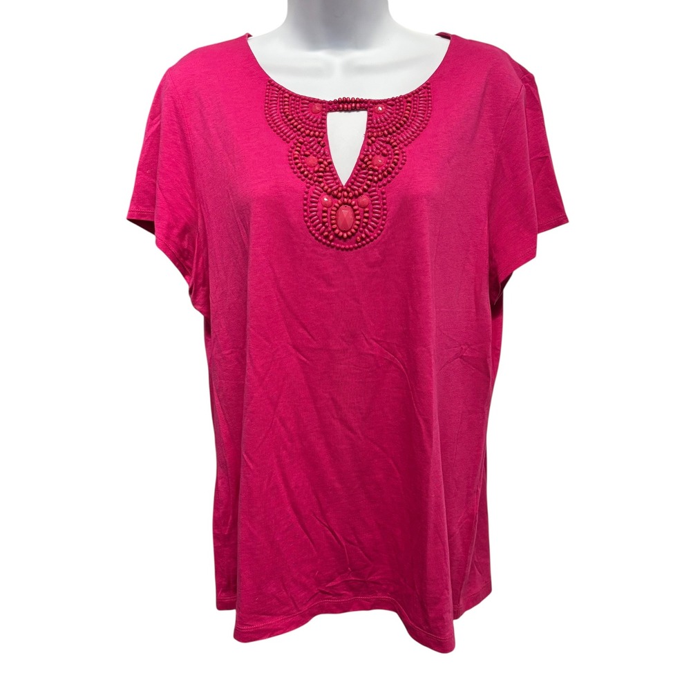 Dana Buchman Womens Magenta Pink Beaded Keyhole Neck‎ Short Sleeve Top Large